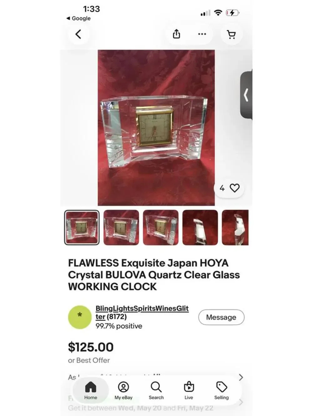Bulova HOYA Crystal Mantel Clock with Gold Tone Face Japan Quartz